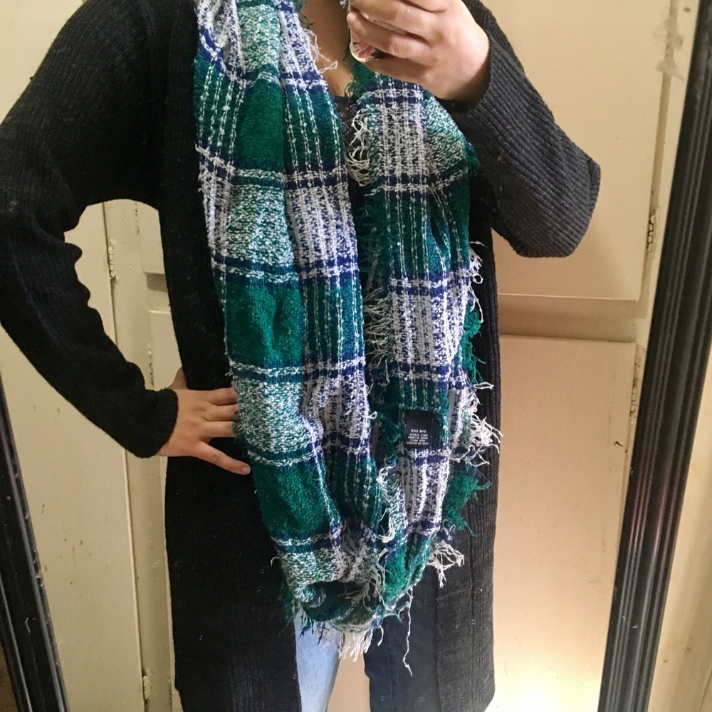 Green/Grey/Blue Plaid Infinity Knit Scarf